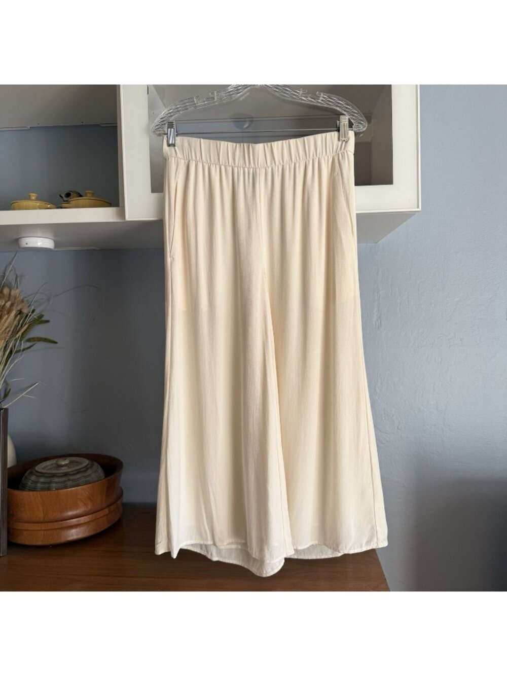 Eileen Fisher Silk Georgette Crepe Wide Leg Cropped Pants Ivory 100% Silk XS